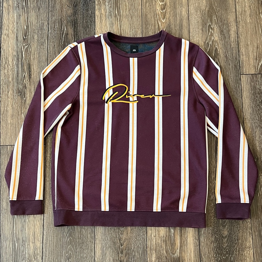 River Island Men's Maroon Striped Crewneck Sweater Size Large